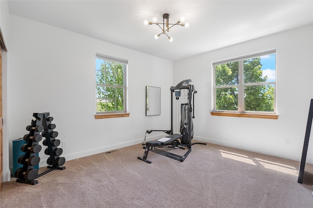 310 Jossie Ln, Kalispell, MT 59901 - workout room featuring healthy amount of natural light, carpet, a chandelier, and baseboards