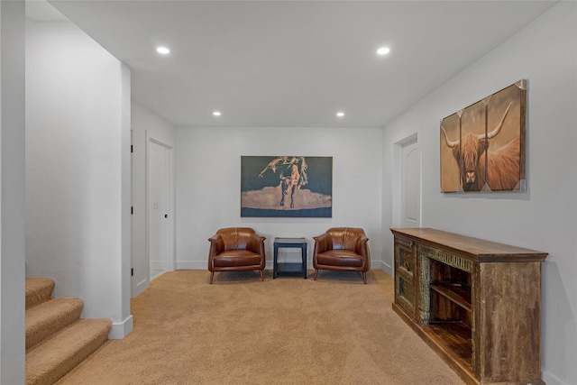310 Jossie Ln, Kalispell, MT 59901 - sitting room featuring recessed lighting, carpet, baseboards, and stairs