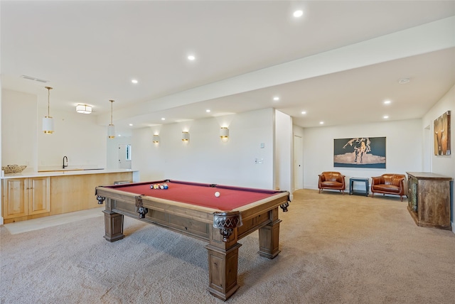 310 Jossie Ln, Kalispell, MT 59901 - game room featuring light carpet, pool table, recessed lighting, and a sink