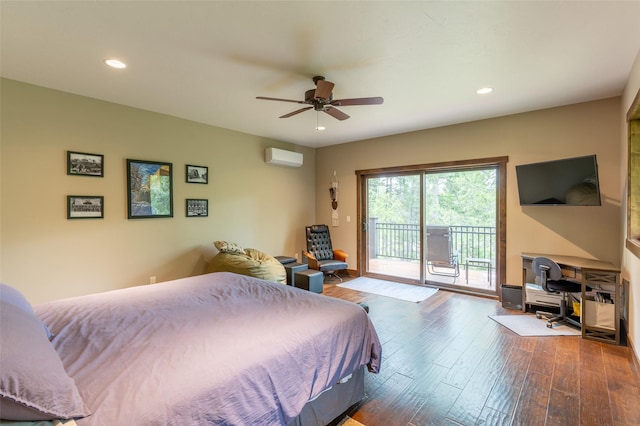 161 Hastings Trl, Columbia Falls, MT 59912 - bedroom featuring access to exterior, wood-type flooring, recessed lighting, a wall mounted AC, and ceiling fan