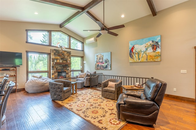 161 Hastings Trl, Columbia Falls, MT 59912 - living room featuring beamed ceiling, ceiling fan, wood-type flooring, high vaulted ceiling, and a fireplace