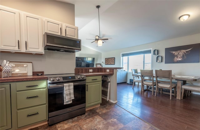 333 Darwin Rd, Helena, MT 59602 - kitchen with appliances with stainless steel finishes, green cabinets, a ceiling fan, white cabinets, and lofted ceiling