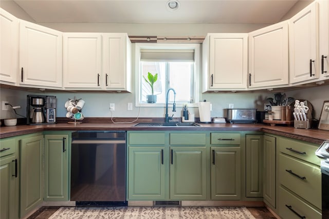 333 Darwin Rd, Helena, MT 59602 - kitchen featuring a sink, dishwasher, wood counters, white cabinets, and green cabinets
