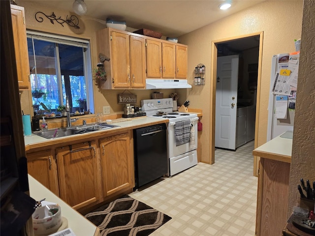 226 Powerline Way, Libby, MT 59923 - kitchen with under cabinet range hood, dishwasher, white range with electric cooktop, light floors, and a textured wall