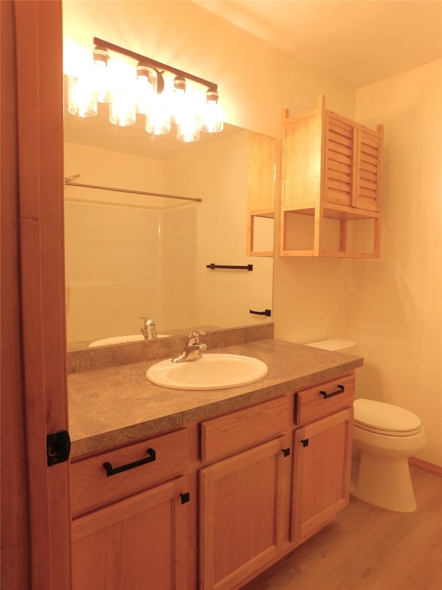 1960/1962 Greatview Dr, Kalispell, MT 59901 - full bathroom featuring toilet, vanity, wood finished floors, and a shower
