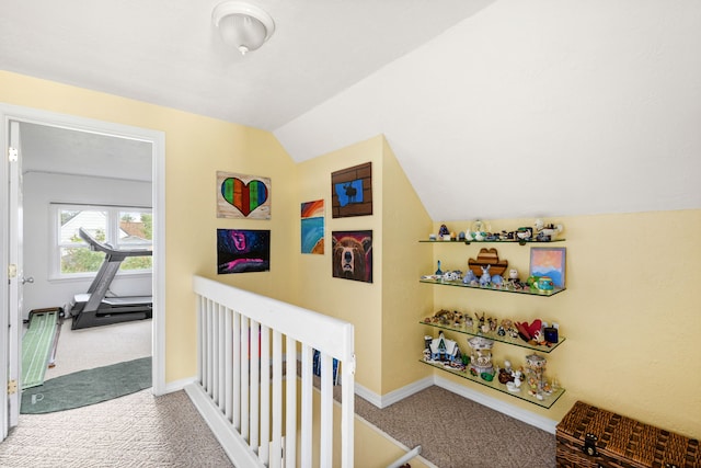 2713 5th Ave S, Great Falls, MT 59405 - hallway with carpet flooring, vaulted ceiling, baseboards, and an upstairs landing