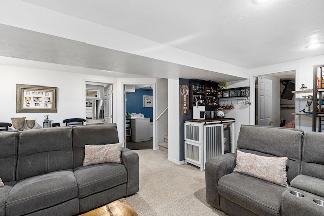 2713 5th Ave S, Great Falls, MT 59405 - living area with washer / dryer, a dry bar, light colored carpet, stairway, and baseboards