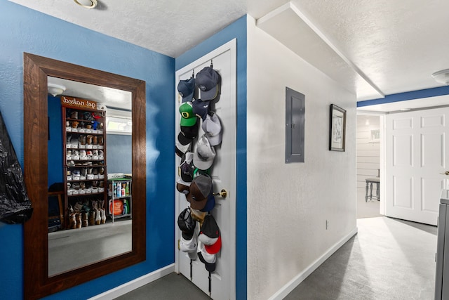2713 5th Ave S, Great Falls, MT 59405 - hall with baseboards, a textured ceiling, electric panel, a textured wall, and carpet