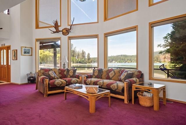 37817 Kings Point Rd, Polson, MT 59860 - carpeted living area with a high ceiling, a water view, healthy amount of natural light, and baseboards