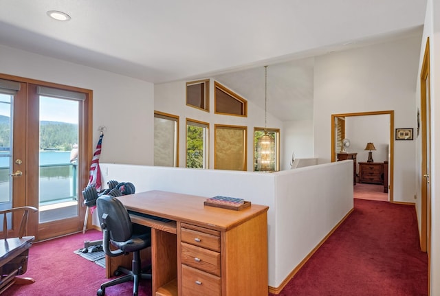 37817 Kings Point Rd, Polson, MT 59860 - carpeted home office with french doors, vaulted ceiling, and recessed lighting
