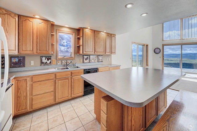 199 Mountain View Trl, White Sulphur Springs, MT 59645 - kitchen featuring a sink, dishwasher, open shelves, light tile patterned floors, and recessed lighting