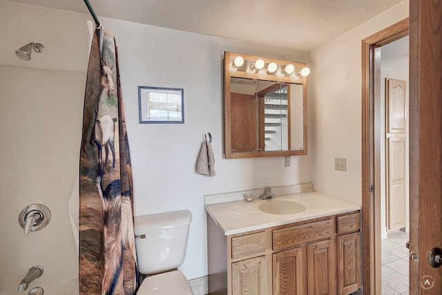 199 Mountain View Trl, White Sulphur Springs, MT 59645 - bathroom featuring vanity, shower / bath combination with curtain, toilet, and tile patterned floors