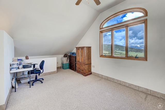 199 Mountain View Trl, White Sulphur Springs, MT 59645 - carpeted office space featuring vaulted ceiling, a ceiling fan, and baseboards