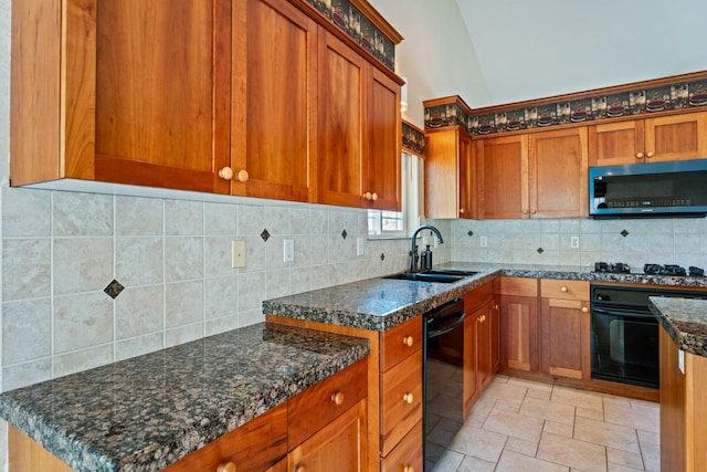 3721 Brandon Way, Missoula, MT 59803 - kitchen with black appliances, a sink, brown cabinetry, decorative backsplash, and light stone finish flooring