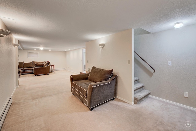 2 N Oregon St, Helena, MT 59601 - carpeted living room with a baseboard radiator, a textured ceiling, baseboards, and stairway