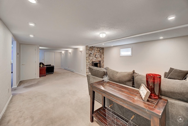 2 N Oregon St, Helena, MT 59601 - living room with baseboards, a fireplace, recessed lighting, light carpet, and a textured ceiling