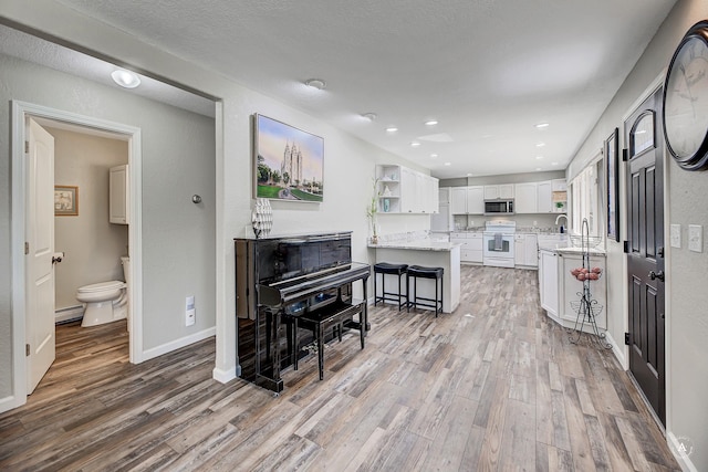 2 N Oregon St, Helena, MT 59601 - kitchen featuring white range oven, stainless steel microwave, light wood-style flooring, baseboard heating, and open shelves