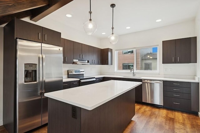 147 Hawthorne Ct Unit B, Whitefish, MT 59937 - kitchen with stainless steel appliances, under cabinet range hood, a sink, dark brown cabinets, and light countertops