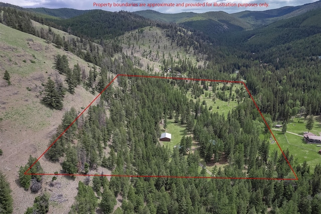 1835 Emmons Canyon Rd, Kila, MT 59920 - aerial overview of property's location featuring a forest, mountains, and property parcel outlined