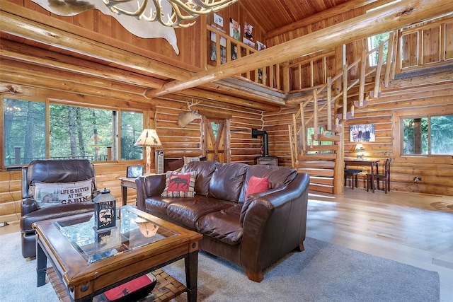1835 Emmons Canyon Rd, Kila, MT 59920 - living area with a wood stove, wood finished floors, rustic walls, and wood ceiling