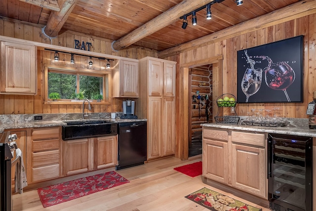 1835 Emmons Canyon Rd, Kila, MT 59920 - kitchen featuring wine cooler, a sink, dishwasher, wood ceiling with exposed beams, and wood walls