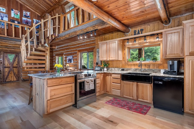 1835 Emmons Canyon Rd, Kila, MT 59920 - kitchen with black dishwasher, stainless steel range with electric stovetop, a sink, light brown cabinetry, and wooden ceiling with exposed beams