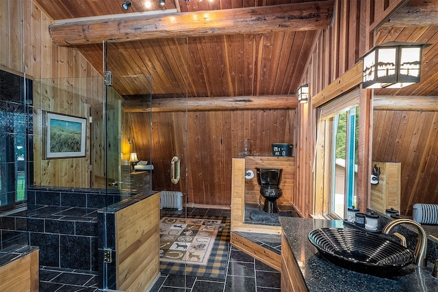 1835 Emmons Canyon Rd, Kila, MT 59920 - interior space with wood walls and wood ceiling with exposed beams