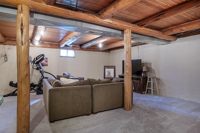1835 Emmons Canyon Rd, Kila, MT 59920 - living room with carpet floors and wooden ceiling with exposed beams