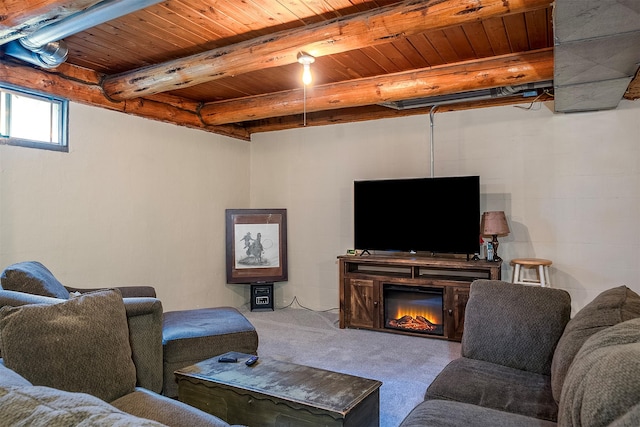 1835 Emmons Canyon Rd, Kila, MT 59920 - carpeted living area with wooden ceiling with exposed beams and a glass covered fireplace