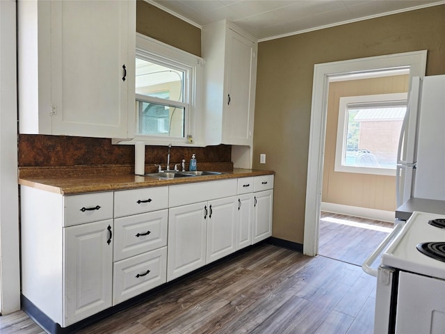 515 7th St N, Great Falls, MT 59401 - kitchen featuring white appliances, a sink, plenty of natural light, wood finished floors, and ornamental molding
