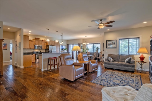 4288 Iverson Rd, Helena, MT 59602 - living area with ceiling fan, recessed lighting, a chandelier, dark wood-style floors, and baseboards