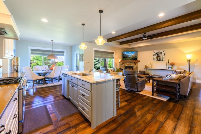 135 E Swift Creek Way, Kalispell, MT 59901 - kitchen featuring a sink, stainless steel appliances, dark wood-type flooring, a stone fireplace, and a kitchen breakfast bar