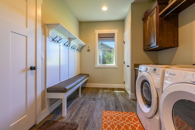 135 E Swift Creek Way, Kalispell, MT 59901 - laundry area featuring cabinet space, washing machine and dryer, baseboards, dark wood finished floors, and recessed lighting