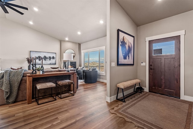 4337 Christian Dr, Missoula, MT 59803 - entrance foyer with vaulted ceiling, wood finished floors, recessed lighting, baseboards, and a ceiling fan