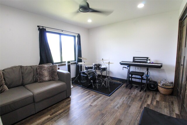 220 Columbia Meadows Dr, Columbia Falls, MT 59912 - living area featuring wood finished floors, a ceiling fan, and recessed lighting