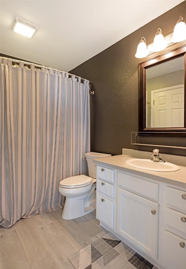2322 Mary Jane Blvd, Missoula, MT 59808 - full bath featuring vanity, toilet, wood finished floors, a textured wall, and curtained shower