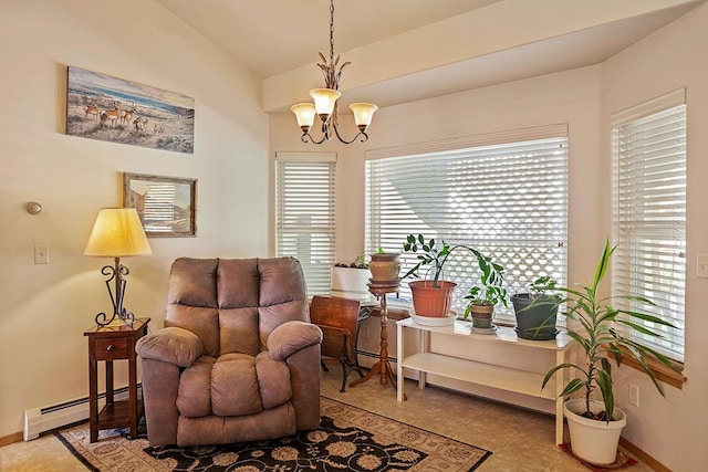 1 Cherry Ct, Clancy, MT 59634 - living area with a baseboard heating unit, a chandelier, lofted ceiling, and light tile patterned floors
