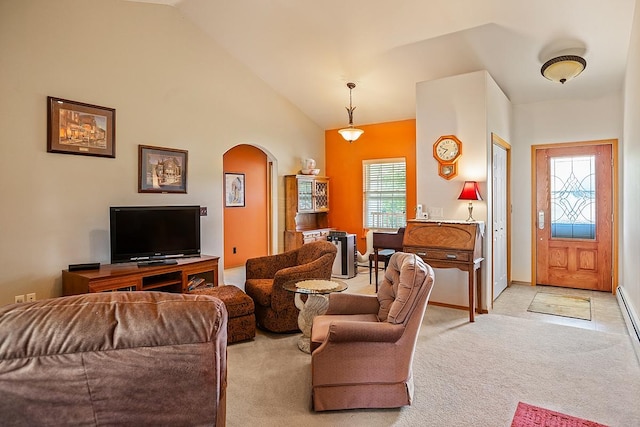 1 Cherry Ct, Clancy, MT 59634 - living room featuring arched walkways, light carpet, healthy amount of natural light, and lofted ceiling