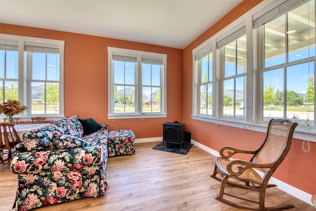 306 Mansion View Loop, Hamilton, MT 59840 - sitting room with a wood stove, baseboards, and wood finished floors