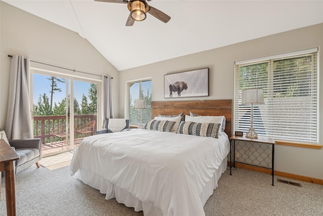 322 Wood Run Dr Unit B, Whitefish, MT 59937 - bedroom with access to exterior, carpet flooring, vaulted ceiling, baseboards, and ceiling fan