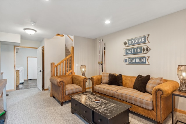 322 Wood Run Dr Unit B, Whitefish, MT 59937 - living area featuring stairs, light carpet, washer / clothes dryer, recessed lighting, and baseboards