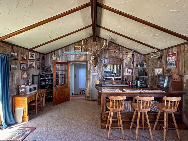 481 24th Rd NE, Dutton, MT 59433 - indoor dry bar featuring lofted ceiling, carpet, and wooden walls