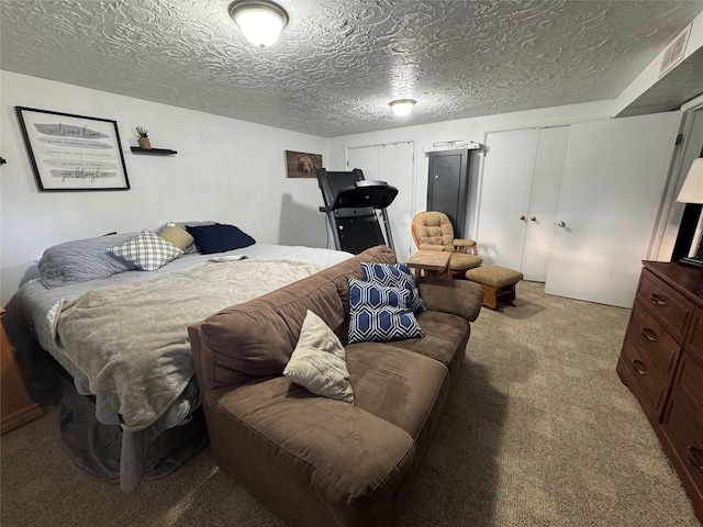 1631 Juniper Dr, Havre, MT 59501 - bedroom featuring light carpet, two closets, and a textured ceiling