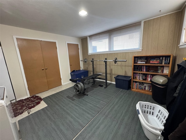 1631 Juniper Dr, Havre, MT 59501 - workout room with baseboards and wooden walls