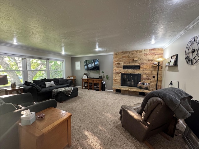 1631 Juniper Dr, Havre, MT 59501 - living area featuring carpet, crown molding, a textured ceiling, and a fireplace
