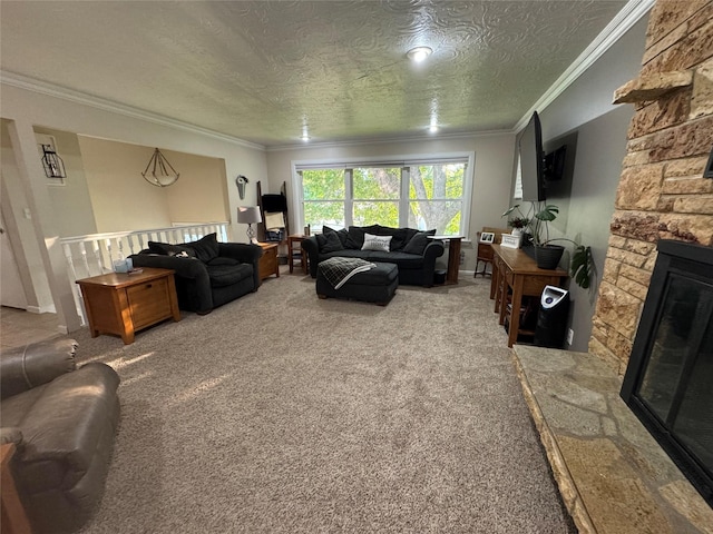 1631 Juniper Dr, Havre, MT 59501 - carpeted living area with ornamental molding, a fireplace, and a textured ceiling