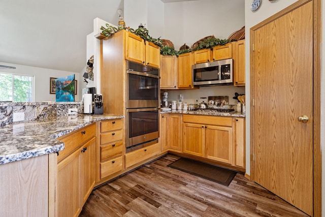 4357 Trumble Creek Rd, Columbia Falls, MT 59912 - kitchen with appliances with stainless steel finishes, dark wood-style flooring, light stone counters, vaulted ceiling, and a peninsula