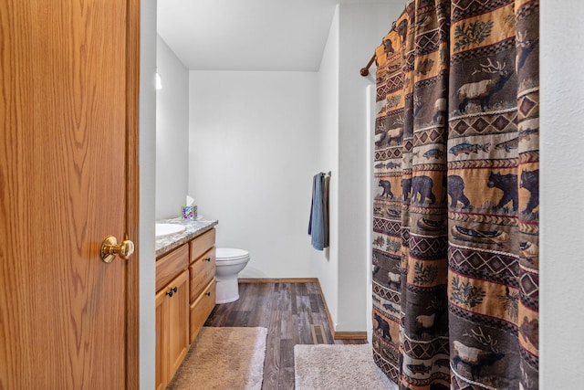 4357 Trumble Creek Rd, Columbia Falls, MT 59912 - full bath with vanity, wood finished floors, toilet, baseboards, and a shower with curtain