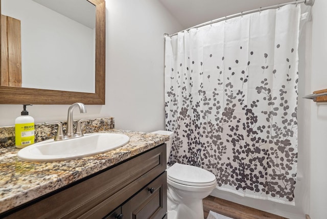 4357 Trumble Creek Rd, Columbia Falls, MT 59912 - full bath featuring vanity, toilet, wood finished floors, and a shower with curtain