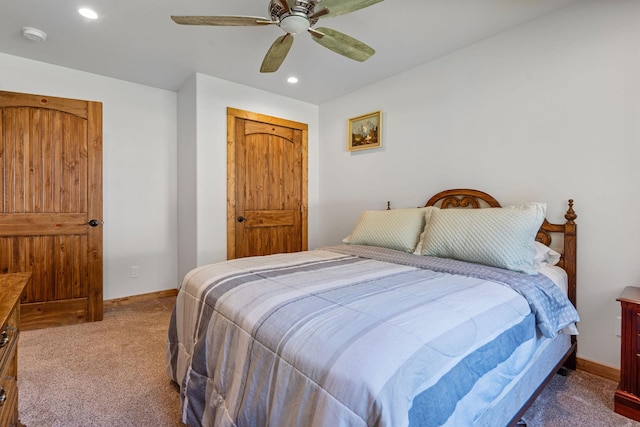 4357 Trumble Creek Rd, Columbia Falls, MT 59912 - bedroom with carpet floors, baseboards, recessed lighting, and ceiling fan